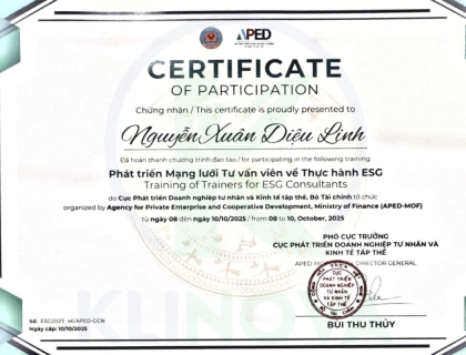 Certificate of Participation  Developing a Network of Consultants on ESG Practices for KLINOVA's Staff